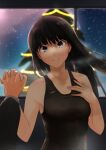  1boy 1girl amagami ayatsuji_tsukasa bare_arms bare_shoulders black_eyes black_hair black_one-piece_swimsuit blunt_bangs blurry blurry_background breasts breath brown_sweater_vest christmas_tree closed_mouth collarbone depth_of_field garland_(decoration) hand_on_own_chest head_tilt highres holding_hands indoors interlocked_fingers jacket long_hair looking_at_viewer night one-piece_swimsuit open_clothes open_jacket out_of_frame pine_tree pov pov_hands sky small_breasts smile solo_focus star_(sky) starry_sky sweater_vest swimsuit tree upper_body window yoo_tenchi 