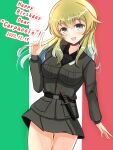  1girl anzio_military_uniform belt black_belt black_shirt blonde_hair carpaccio_(girls_und_panzer) character_name cowboy_shot dated dress_shirt english_commentary flag_background girls_und_panzer green_eyes grey_jacket grey_skirt happy_birthday highres italian_flag jacket knife kumaisao long_hair long_sleeves looking_at_viewer military_uniform miniskirt open_mouth shirt skirt smile solo standing uniform wing_collar 