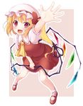  :d blonde_hair fang flandre_scarlet hands hat laevatein nullken one_side_up open_mouth outstretched_arm outstretched_hand red_eyes ribbon smile solo touhou waving wings 