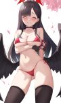  1girl ^_^ absurdres armband bikini black_choker black_gloves black_hair black_thighhighs black_wings blue_archive blush breasts choker closed_eyes collarbone facing_viewer falling_leaves feathered_wings gloves hair_ornament hairclip halo highres ichika_(blue_archive) jixo_(user_nzhc8728) large_breasts leaf navel red_armband red_bikini red_halo side-tie_bikini_bottom skindentation smile solo stomach swimsuit thighhighs wings zettai_ryouiki 