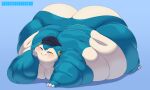 2024 anthro ass_up back_fat belly big_belly big_butt blue_body blue_hair blush breasts butt chubby_cheeks claws clothing double_chin ear_piercing eyelashes eyes_closed fat_arms fat_legs fat_rolls female generation_1_pokemon hair hand_on_cheek hat headgear headwear hi_res huge_belly huge_butt love_handles lying mammal morbidly_obese morbidly_obese_anthro morbidly_obese_female nintendo nude obese obese_anthro obese_female on_front overweight overweight_anthro overweight_female piercing pokemon pokemon_(species) signature simple_background snorlax solo teeth thick_thighs wide_hips yosioka_san