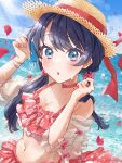  1girl :o beach bikini birthday blue_eyes blue_sky blush breasts cleavage cloud cloudy_sky collarbone commentary falling_petals hat highres kyaku_tatsu link!_like!_love_live! long_hair looking_at_viewer love_live! low_twintails murano_sayaka navel petals rose_petals sky small_breasts swimsuit twintails 