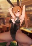 1girl absurdres animal_ears armpits arms_behind_head black_bow black_bowtie black_footwear blurry blurry_background blush bow bowtie breasts brown_hair detached_collar girls&#039;_frontline hair_between_eyes hair_ornament hairpin hands_up high_heels highres looking_at_viewer lower_teeth_only orange_eyes pantyhose parted_lips playboy_bunny pole rabbit_ears re1kirisaki342 scar scar_across_eye scar_on_face solo spread_legs squatting teeth twintails ump9_(girls&#039;_frontline) 