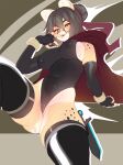 anthro biped blush breasts butt_from_the_front clothed clothing felid female hair hi_res higgyy legwear looking_at_viewer mammal nipple_outline solo thick_thighs thigh_highs