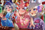  3girls :q ahoge animal_ears aqua_hair bear_ears bear_girl bell blue_eyes blue_flower blue_hair blue_kimono blush coin floral_print flower flower_knot fox_ears fox_girl fujikura_uruka grey_hair hair_flower hair_ornament holding holding_rope itsuki_en japanese_clothes kimono kouhaku_nawa multicolored_hair multiple_girls open_mouth own_hands_together phase_connect pink_eyes pink_flower pink_hair pink_kimono pipkin_pippa purple_eyes purple_flower purple_kimono rabbit_ears rabbit_girl rope shimenawa shrine streaked_hair tenma_maemi tongue tongue_out torii 