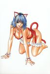  all_fours animal_ears blue_eyes blue_hair bow breasts cat_ears cat_tail cleavage collar copyright_request inoue_takuya large_breasts nail_polish pink_nails smile solo tail 