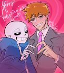  2boys artist_name eyelashes fur_trim grey_suit grin heart heart_background heart_hands heart_hands_duo highres hood hoodie looking_at_viewer male_focus mob_psycho_100 multiple_boys necktie pink_background pink_necktie red_background reigen_arataka sans skeleton smile suit sybbatra tumblr_sexyman_tournament undertale upper_body 