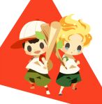  2boys baseball_bat baseball_cap black_hair blonde_hair blush_stickers full_body green_shorts hat hitofutarai holding holding_baseball_bat holding_stick lucas_(mother_3) male_focus mother_(game) mother_2 mother_3 multiple_boys ness_(mother_2) open_mouth raglan_sleeves red_socks shirt shorts socks solid_oval_eyes stick white_footwear white_headwear white_shirt white_socks 