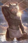 2023 abs anthro birry41 brown_body brown_fur canid canine canis domestic_dog front_view fur hair hi_res lifewonders looking_at_viewer male mammal muscular muscular_anthro muscular_male partially_submerged_legs solo tadatomo tokyo_afterschool_summoners towel wet wet_body wet_fur white_hair