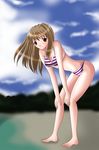  beach bikini brown_eyes brown_hair day fujino_shizuru leaning_forward long_hair my-hime non-web_source outdoors red_eyes solo swimsuit 