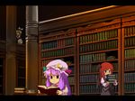  blonde_hair book bookshelf carrying crescent cup hat head_wings hiding kirisame_marisa kitsune_(kazenouta) koakuma letterboxed library multiple_girls patchouli_knowledge purple_hair reading red_hair teacup touhou voile wallpaper wings witch_hat 