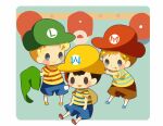  3boys black_hair blonde_hair blue_footwear blue_shorts blush_stickers borrowed_clothes brown_hair brown_shorts claus_(mother_3) hat hitofutarai holding holding_clothes holding_hat licking_lips lucas_(mother_3) male_focus mario_(series) mother_(game) mother_2 mother_3 multiple_boys ness_(mother_2) orange_footwear outline pokemon shirt shorts smile solid_oval_eyes standing striped striped_shirt the_legend_of_zelda tongue tongue_out triangle_mouth white_outline 