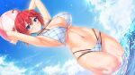  1girl ahoge armpits arms_up ball beachball bikini blue_eyes blush breasts choker day dutch_angle game_cg grin highres hinata_nao holding holding_ball holding_beachball huge_breasts medium_hair mikuriya_haruna navel official_art outdoors photoshop_(medium) plaid plaid_bikini red_hair smile solo splashing swimsuit wading water yuunagi-sou_no_s-kyuu_no_kanojo-tachi_2 