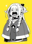  1girl braid braided_ponytail capelet choker crying dungeon_meshi elf greyscale_with_colored_background long_hair marcille_donato pointy_ears t_t takatsuki_ichi twin_braids upper_body yellow_background 