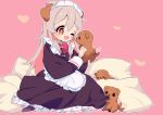  1girl ;d ahoge animal animal_ears apron bow bowtie brown_eyes colored_inner_hair commentary dog dog_ears full_body grey_hair heart holding holding_animal kemonomimi_mode maid maid_headdress motituki0 multicolored_hair one_eye_closed onii-chan_wa_oshimai! open_mouth outline oyama_mahiro pillow pink_background pink_hair puppy red_bow red_bowtie simple_background sitting smile solo tail tail_wagging tongue tongue_out two-tone_hair waist_apron white_outline 