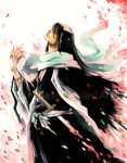  artist_request black_hair bleach haori japanese_clothes kuchiki_byakuya long_hair male_focus petals scarf solo sword taichou_haori weapon 