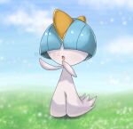  1other a_(pixiv_72325308) alternate_color blue_hair blue_sky blunt_bangs blurry blurry_background bowl_cut chinese_commentary chinese_text colored_skin commentary_request covered_eyes day full_body grass hair_over_eyes hands_up happy highres open_mouth other_focus outdoors pokemon pokemon_(creature) ralts shiny_pokemon short_hair sky smile solo standing translation_request watermark white_skin 