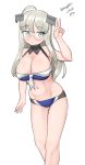  1girl absurdres ahoge ass_visible_through_thighs bare_shoulders bikini blue_bikini blush breasts cleavage closed_mouth commentary_request dated feet_out_of_frame glasses grey_eyes grey_hair hair_ornament heywood_l._edwards_(kancolle) highres kantai_collection large_breasts long_hair looking_at_viewer maru_(marg0613) navel one-hour_drawing_challenge simple_background solo swimsuit twitter_username v white_background 