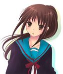  bad_id bad_pixiv_id blue_sailor_collar blush brown_eyes brown_hair cardigan genderswap genderswap_(mtf) iori kita_high_school_uniform kyon kyonko long_hair open_mouth ponytail sailor_collar school_uniform serafuku solo suzumiya_haruhi_no_yuuutsu 