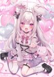  1girl :d animal_ears balloon black_bow black_choker blunt_bangs blush bow choker frilled_shirt frilled_skirt frills grey_hair hair_bow hair_intakes hair_ornament heart_balloon highres indie_virtual_youtuber long_hair mary_janes momochi_chia outstretched_hand pink_eyes rabbit_ears rabbit_girl shirt shoes sitting skirt smile solo stuffed_animal stuffed_rabbit stuffed_toy thighhighs usatama_amyu wariza white_thighhighs x_hair_ornament 