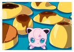  :t absurdres border closed_mouth commentary food green_eyes highres jigglypuff no_humans pokemon pokemon_(creature) pudding saiku_(zvlku) solo standing sweatdrop white_border 