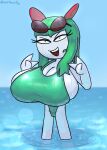 big_breasts breasts cleavage clothed clothing double_v_sign eyewear eyewear_on_head female generation_3_pokemon gesture hi_res huge_breasts humanoid kirlia kirly_(oofrowdy) looking_at_viewer nintendo not_furry one-piece_swimsuit oofrowdy open_mouth open_smile partially_submerged pokemon pokemon_(species) side_boob smile solo sunglasses sunglasses_on_head swimwear v_sign wet