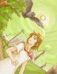  angel_wings artist_request bird brown_eyes brown_hair crow dutch_angle haibane_renmei halo highres orange_sailor_collar power_lines rakka sailor_collar short_hair solo static_cling sun wind_turbine windmill wings 