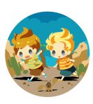  2boys blonde_hair blue_footwear blue_shorts blush_stickers brothers brown_shorts cactus claus_(mother_3) cricket hitofutarai lucas_(mother_3) male_focus mother_(game) mother_3 multiple_boys open_mouth orange_footwear outdoors round_image running shorts siblings simple_background tree walking white_background 