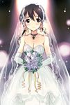  bouquet breasts bridal_veil bride brown_eyes brown_hair cleavage cross dress flower gertrud_barkhorn iron_cross kyougoku_shin large_breasts long_hair solo strike_witches twintails veil wedding_dress world_witches_series 