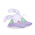  animal_focus artist_name closed_eyes colored_skin commentary goomy highres iwasi_29 no_humans on_grass open_mouth pokemon pokemon_(creature) purple_skin simple_background slug symbol-only_commentary twitter_username white_background 