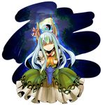  ahoge angry colored_eyelashes crossed_arms dress ex-keine eyelashes full_moon green_hair horn_ribbon horns kamishirasawa_keine lieutenant_dan long_hair moon multicolored_hair ribbon solo touhou two-tone_hair white_hair 