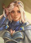 1girl absurdres blonde_hair blue_eyes blue_hairband breasts cleavage closed_mouth hairband hand_in_own_hair hand_up highres league_of_legends long_hair lux_(league_of_legends) shoulder_plates sideways_glance smile solo stnpnk upper_body 