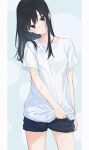  1girl absurdres black_hair brown_eyes head_tilt highres holding holding_clothes holding_shirt light_blue_background long_hair open_mouth original shichi_(ratorin53) shirt short_shorts short_sleeves shorts solo straight_hair t-shirt thighs white_shirt 