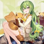  1girl absurdres animal barefoot book brown_jacket daqi_sama dress fang green_eyes green_hair highres holding holding_animal jacket long_hair one_eye_closed open_clothes open_mouth orange_scrunchie original red_panda scrunchie sitting skin_fang solo white_dress 