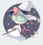  :o artist_name black_background colored_skin commentary_request green_hair halloween_costume hat holding holding_scepter iwasi_29 open_mouth outside_border pokemon pokemon_(creature) ralts scepter sparkle twitter_username white_headwear white_skin witch_hat 