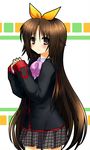  blush bow brown_eyes brown_hair crossdressing hair_ribbon little_busters! long_hair male_focus naoe_riki otoko_no_ko pink_bow plaid plaid_skirt ribbon sanchoume school_uniform skirt solo very_long_hair 