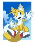4:5 5_fingers absurd_res anthro blue_eyes canid canine clothing cloud day dipstick_tail fingers footwear fox fur gloves handwear hi_res male mammal markings miles_prower open_mouth open_smile rushklysolen sega signature smile solo sonic_the_hedgehog_(series) tail tail_markings white_body white_fur yellow_body yellow_fur