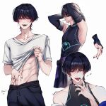  1boy black_hair black_pants black_shirt black_sleeves clothes_lift earrings elpheltel genshin_impact hair_between_eyes highres japanese_clothes jewelry male_focus mouth_hold muscular muscular_male navel open_mouth pants purple_eyes scaramouche_(genshin_impact) shirt shirt_lift short_hair solo stomach tongue tongue_out wanderer_(genshin_impact) white_shirt 