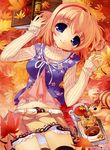  autumn blue_eyes book copyright_request glasses hairband highres leaf navel orange_hair skirt solo squirrel thighhighs turtleneck youta 