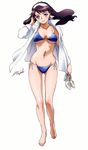  barefoot bikini black_hair blue_eyes breasts cleavage feet hisayuki_hirokazu holding holding_shoes large_breasts lena_sayers long_hair my-otome my-otome_s.ifr navel open_clothes open_shirt shirt shoes solo swimsuit underboob 
