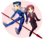  1girl akiha_(ominaeshi) bazett_fraga_mcremitz couple fate/hollow_ataraxia fate/stay_night fate_(series) formal gae_bolg hetero holding_hands lancer long_hair mole mole_under_eye pant_suit polearm ponytail short_hair source_request spear suit weapon 