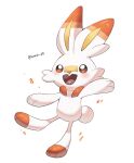  animal_focus artist_name brown_eyes commentary_request iwasi_29 no_humans open_mouth pokemon pokemon_(creature) rabbit scorbunny simple_background smile standing standing_on_one_leg teeth twitter_username upper_teeth_only white_background white_fur 
