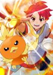  1boy :d blurry blush brown_eyes buttons crispin_(pokemon) fire frying_pan gloves happy highres jacket male_focus minoru_(minomugicha) neckerchief open_mouth partially_fingerless_gloves pokemon pokemon_sv red_gloves red_hair red_pupils short_hair short_sleeves shorts smile teeth tongue torchic white_background white_jacket yellow_neckerchief 