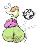 31_minutos anthro avian ball beak big_butt bird bottomless butt butt_slap clothed clothing duo eyelashes eyewear female glasses green_body hair hi_res jacket jacket_only motion_lines multicolored_body orange_hair patana simple_background slap soccer soccer_ball sport surprised_expression tail tan_body topwear unknown_artist white_background