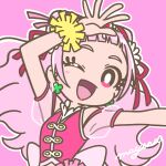  1girl ;d arm_up asymmetrical_bangs blush bright_pupils clover_earrings cone_hair_bun cure_yell detached_sleeves double_bun earrings eyelashes flower hair_bun hair_flower hair_ornament hair_ribbon highres hugtto!_precure jewelry lipstick long_hair looking_at_viewer magical_girl makeup mayena nono_hana one_eye_closed open_mouth outline pink_background pink_eyes pink_hair pink_lips precure ribbon see-through see-through_sleeves short_sleeves signature simple_background smile solo upper_body white_outline white_pupils 