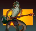 abs anthro athletic athletic_male bass_guitar dinosaur dog_tags electric_guitar fyoflo guitar hi_res male musical_instrument nipples orange_eyes pecs plucked_string_instrument reptile rocco_(tallion) scalie serratus solo spikes spikes_(anatomy) string_instrument tail theropod tongue tongue_out tyrannosaurid tyrannosaurus tyrannosaurus_rex