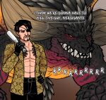  1boy baseball_bat black_gloves black_pants brahkest cowboy_shot english_text facial_hair gloves goatee holding holding_baseball_bat i_think_we&#039;re_gonna_have_to_kill_this_guy_steven_(meme) jacket majima_goro male_focus meme metal_baseball_bat monster monster_hunter_(series) muscular muscular_male nergigante open_clothes open_jacket over_shoulder pants ryuu_ga_gotoku_(series) short_hair tattoo weapon weapon_over_shoulder 