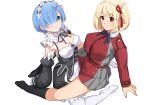  2girls absurdres belt black_dress black_socks blonde_hair blue_eyes blue_hair blunt_bangs breasts cleavage closed_mouth commentary_request crossover detached_sleeves dress frilled_sleeves frills full_body grey_dress hair_ornament hair_over_one_eye hair_ribbon haruhisky highres large_breasts light_smile long_sleeves looking_at_viewer lycoris_recoil lycoris_uniform medium_hair multiple_girls neck_ribbon nishikigi_chisato no_shoes partial_commentary re:zero_kara_hajimeru_isekai_seikatsu red_belt red_dress red_eyes red_ribbon rem_(re:zero) ribbon roswaal_mansion_maid_uniform second-party_source sitting sleeves_past_fingers sleeves_past_wrists socks spread_legs thighhighs thighs two-tone_dress white_dress white_thighhighs x_hair_ornament 