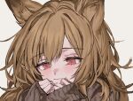  animal_ears aogisa arknights brown_sweater ceobe_(arknights) dog_ears dog_girl hands_on_own_chin medium_hair red_eyes sleeves_past_wrists smile sweater 
