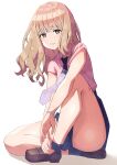  absurdres arm_on_knee bare_legs blue_skirt blue_socks bracelet brown_footwear collared_shirt cruzango0510 curly_hair green_eyes gridman_universe gridman_universe_(film) grin highres jewelry knee_up light_brown_hair loafers long_hair looking_at_viewer minami_yume necktie pink_shirt purple_necktie shadow shirt shoes short_sleeves simple_background sitting skirt smile socks thick_thighs thighs white_background 